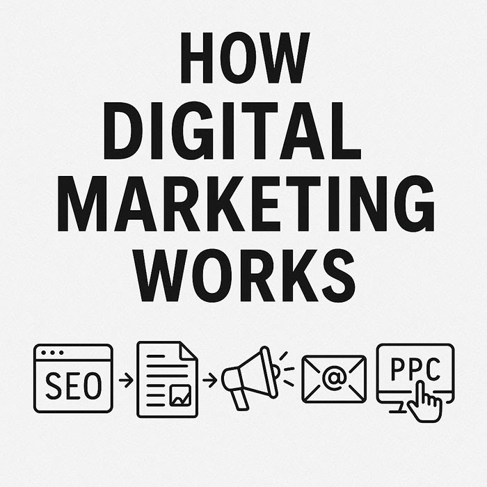 Infographic titled 'How Digital Marketing Works' showing five connected icons: SEO, content creation, promotion, email marketing, and PPC. Arrows indicate the flow of a digital marketing strategy.